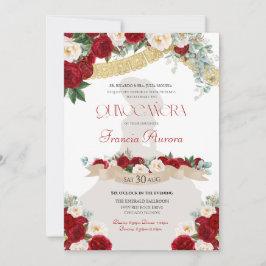Invitación Floral Blooms Red & White Gold Charro Quinceañera