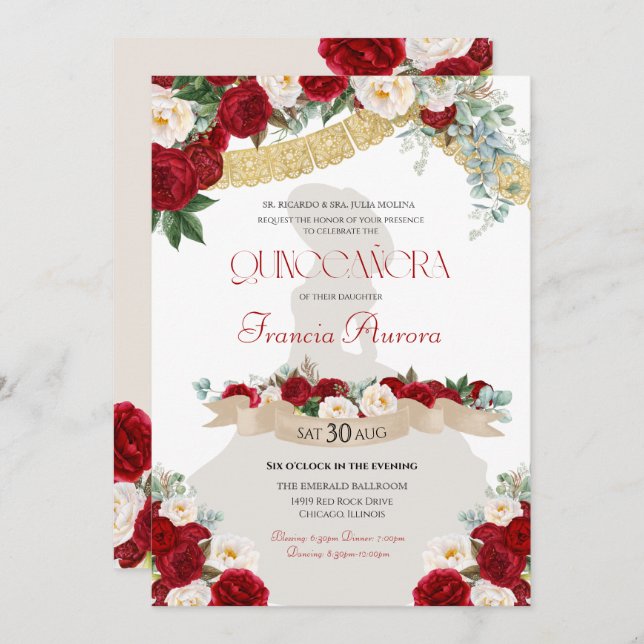 Invitación Floral Blooms Red & White Gold Charro Quinceañera (Anverso / Reverso)