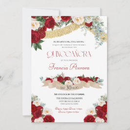 Invitación Floral Blooms Red & White Gold Fancy Quinceañera