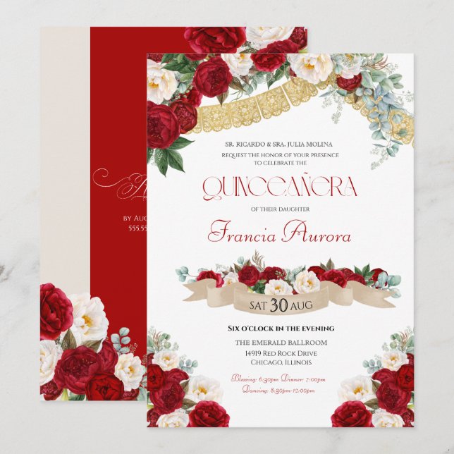 Invitación Floral Blooms Red & White Gold Fancy Quinceañera  (Anverso / Reverso)