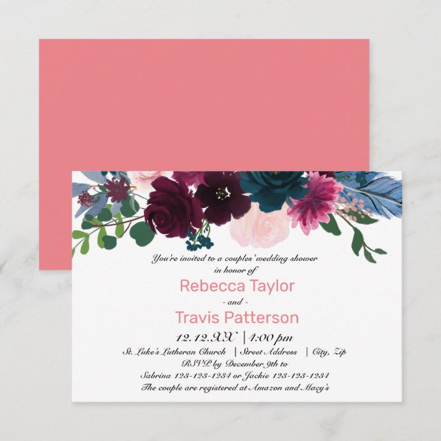 Invitación Floral Blooms rosa - Ducha de matrimonio para pare (Anverso / Reverso)
