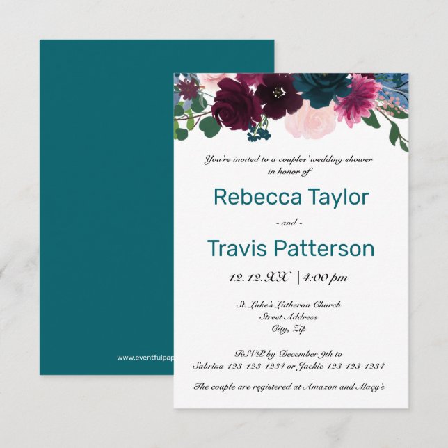 Invitación Floral Blooms Verde azulados - Ducha matrimonial d (Anverso / Reverso)