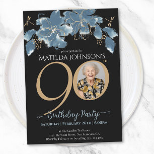 Invitación Floral Blue Black Gold Photo 90th Birthday Party