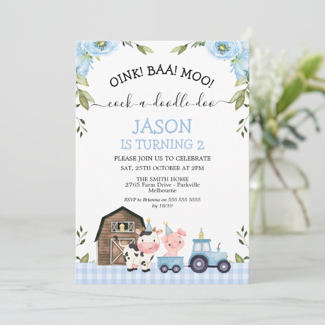 Invitación Floral Blue Boys Barn Tractor Farm Cumpleaños (Anverso de pie)