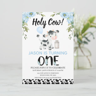 Invitación Floral Blue Boys Cow Print Holy Cow Primer cumplea