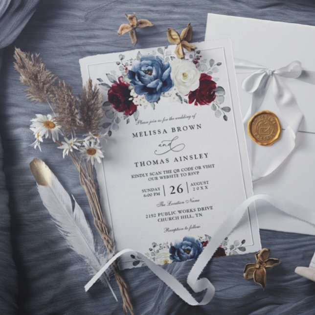 Invitación Floral Blue Burgundy White Ivory QR Code Wedding (Subido por el creador)