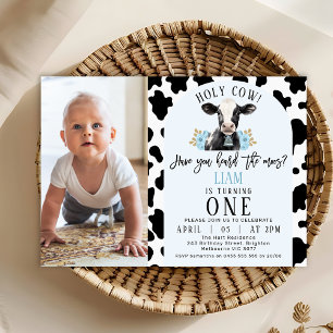 Invitación Floral Blue Cow Print Photo Holy Cow Primer cumple