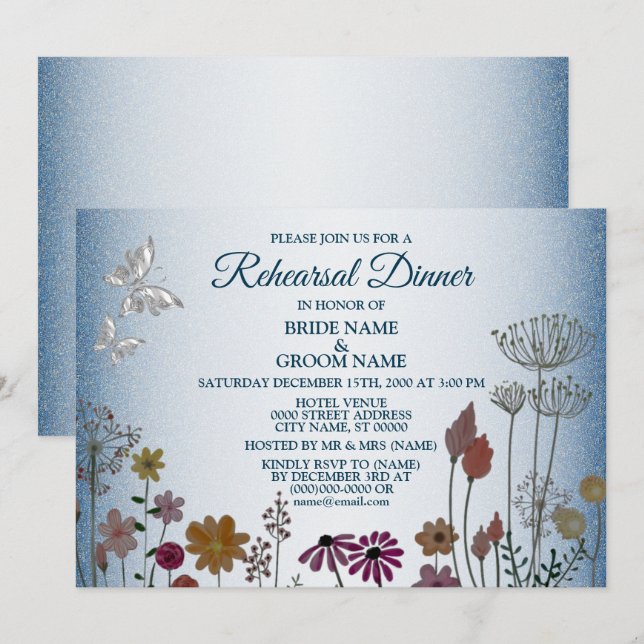 Invitación Floral Blue Glitter Wedding Rehearsal Dinner Party (Anverso / Reverso)