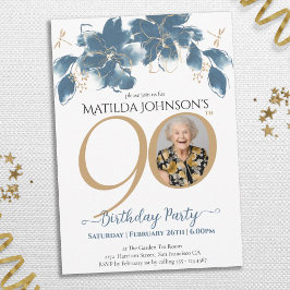 Invitación Floral Blue Gold Personalizado Foto 90 cumpleaños