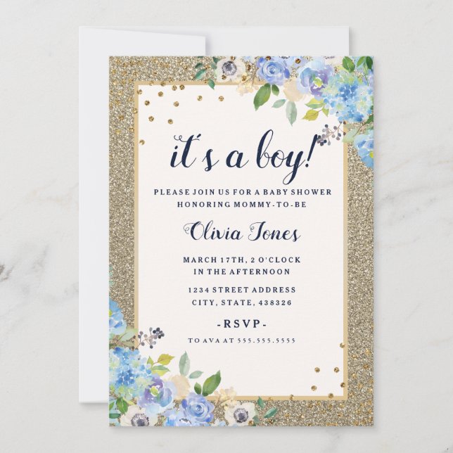 Invitación Floral Blue Gold Sparkle Boy Baby Shower (Anverso)