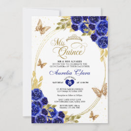 Invitación Floral Blue Gold Tiara Butterfly Mis Quinceañera