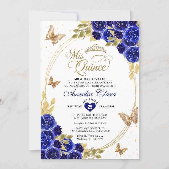 Invitación Floral Blue Gold Tiara Butterfly Mis Quinceañera (Anverso)