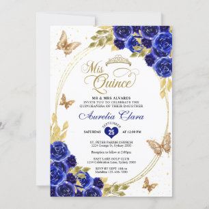 Invitación Floral Blue Gold Tiara Butterfly Mis Quinceañera