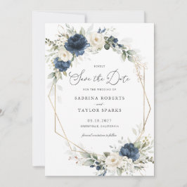Invitación Floral Blue Greenery Gold Wedding Salven La Fecha