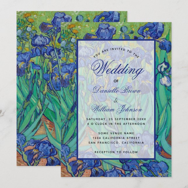 Invitación Floral Blue Irises Van Gogh Boda Calligraphy (Anverso / Reverso)