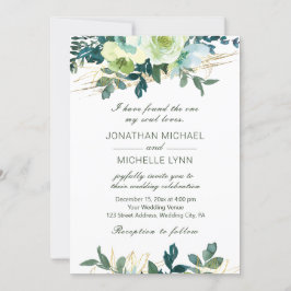 Invitación Floral Blue Ivory Gold Turquoise Christian Boda
