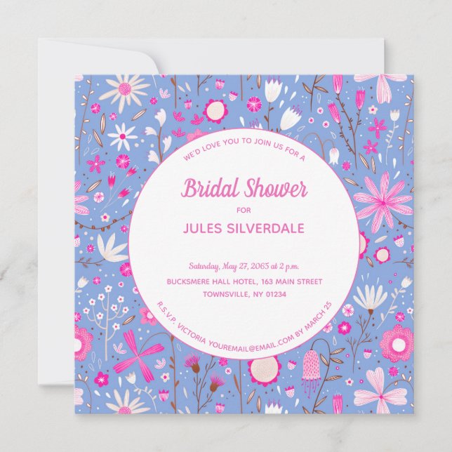 Invitación Floral Blue Modern Bridal Shower (Anverso)
