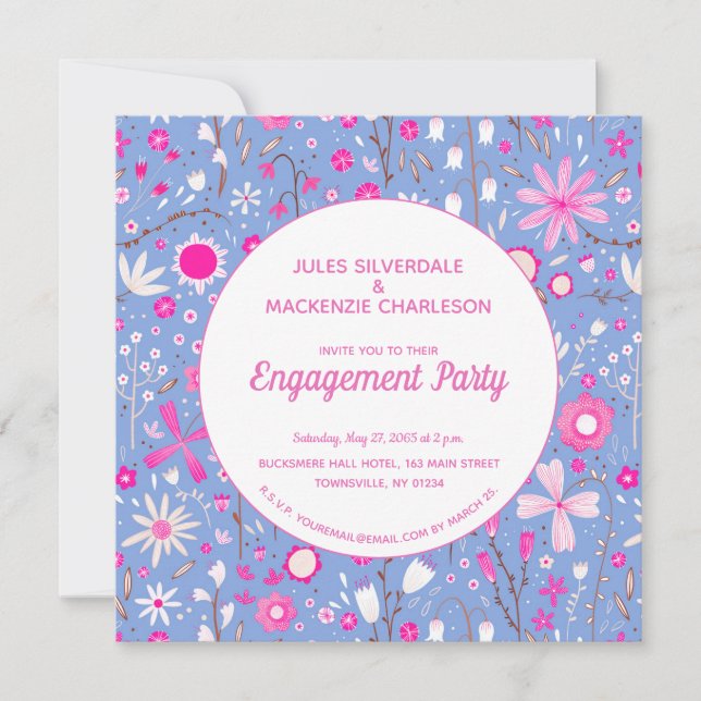 Invitación Floral Blue Modern Engagement Party (Anverso)