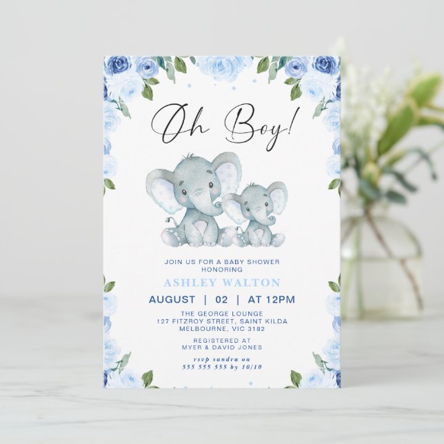 Invitación Floral Blue Oh Boy Elephant Baby Shower (Anverso de pie)