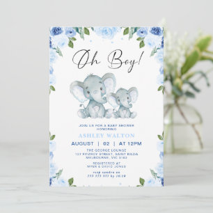 Invitación Floral Blue Oh Boy Elephant Baby Shower