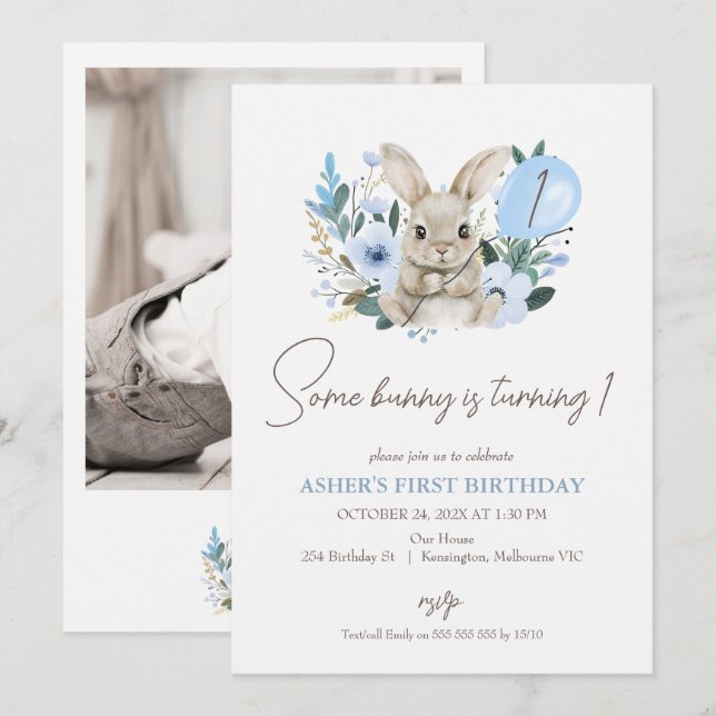 Invitación Floral Blue Photo Bunny cumple un cumpleaños (Anverso / Reverso)