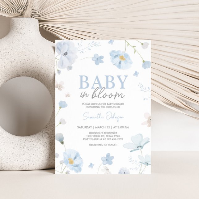 Invitación Floral Blue Spring Baby en Baby Shower Bloom (Blue Spring Floral Baby in Bloom Baby Shower Invitation)