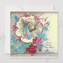 FLORAL BLUE STORK CHICO BABY SHOWER ROSES PINK Whi