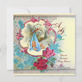 Invitación FLORAL BLUE STORK CHICO BABY SHOWER ROSES PINK Whi