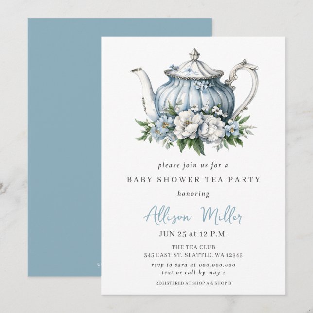 Invitación Floral Blue Tea Fiesta Boy Baby Shower (Anverso / Reverso)