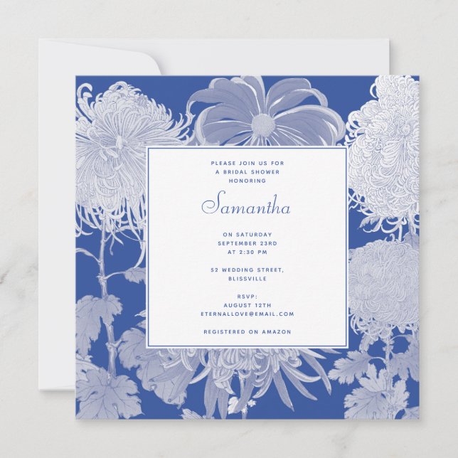 Invitación Floral Blue White Chinoiserie Floral Bridal Shower (Anverso)