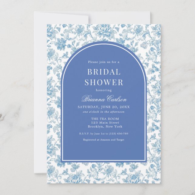 Invitación Floral Blue White Chinoiserie Floral Bridal Shower (Anverso)