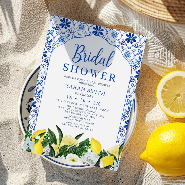 Invitación Floral Blue White Tile Lemon Bridal Shower (Lemon Positano Bridal Shower Invitation Template, Italian Blue Tile Lemon Bridal Shower Invite, )