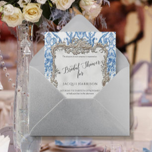 Invitación Floral Blue White Vintage Silver Bridal Shower
