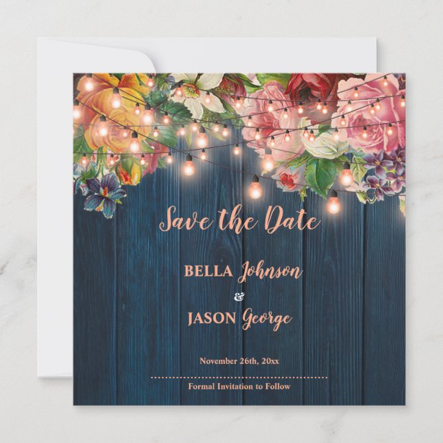 Invitación Floral Blue Wood String Lights Save The Date (Anverso)