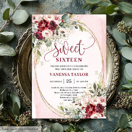 Invitación Floral Blush Burgundy Roses Sweet Sixteen Party 