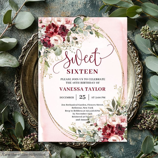 Invitación Floral Blush Burgundy Roses Sweet Sixteen Party  (Floral Blush Burgundy Roses Sweet Sixteen Party Invite

)