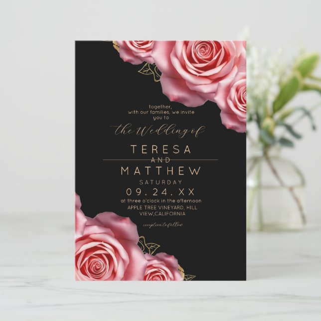 Invitación Floral Blush Pink and Black Modern Wedding (Anverso de pie)