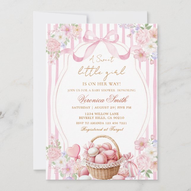 Invitación Floral Blush Stripe Pink Sweets Bow Baby Shower  (Anverso)