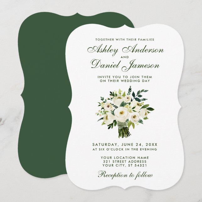 Invitación Floral Boda blanco verde acuarela Bouquet B (Anverso / Reverso)