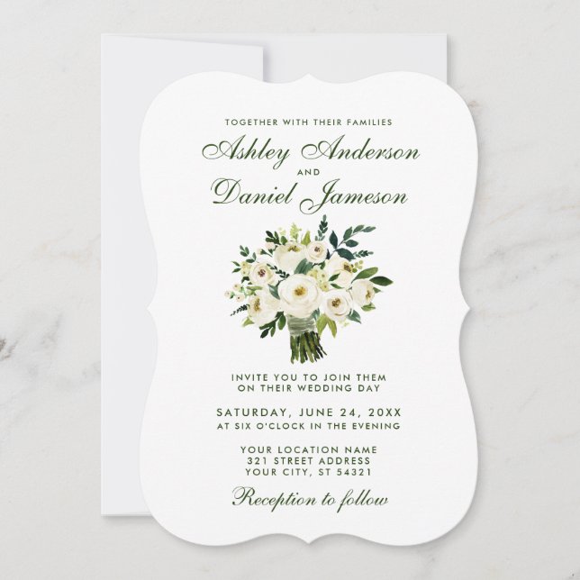 Invitación Floral Boda blanco verde acuarela Bouquet B (Anverso)