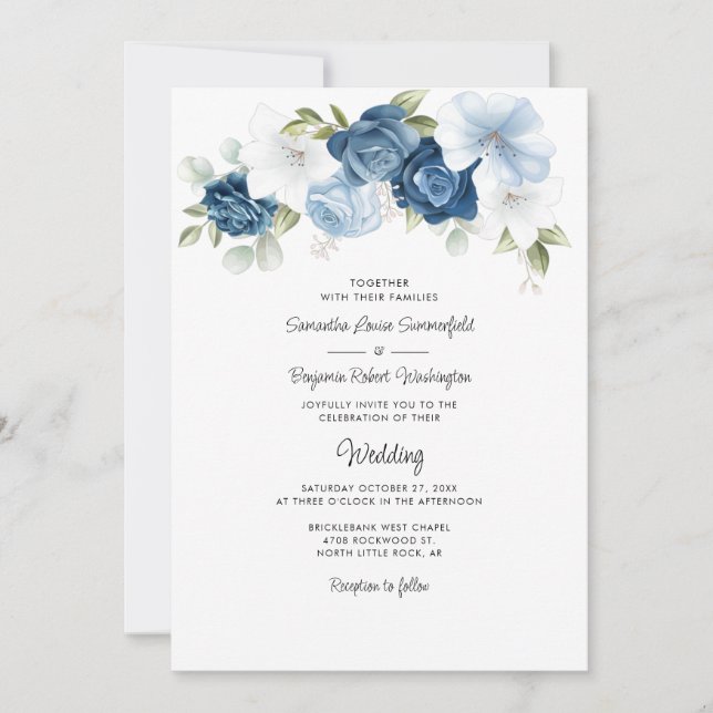 Invitación Floral Boda Botánica Dusty Blue Modern Fall Weddin (Anverso)