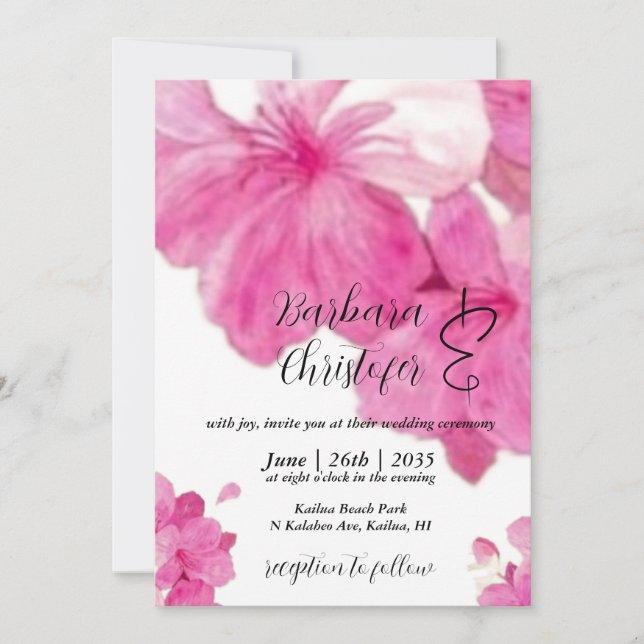 Invitación Floral, Boda de hibiscus fuchsia de bonito (Anverso)