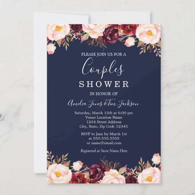 Invitación Floral Boda de la Marina Borgoña Ducha de Parejas (Anverso)