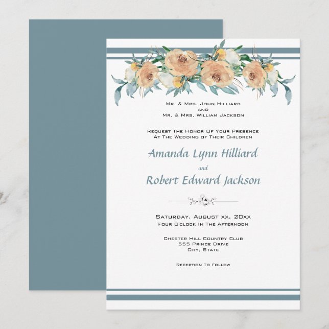 Invitación Floral Boda de verano azul verde (Anverso / Reverso)