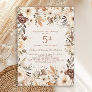 Invitación Floral Boho Acuarela Marrón Crema 5to Aniversario