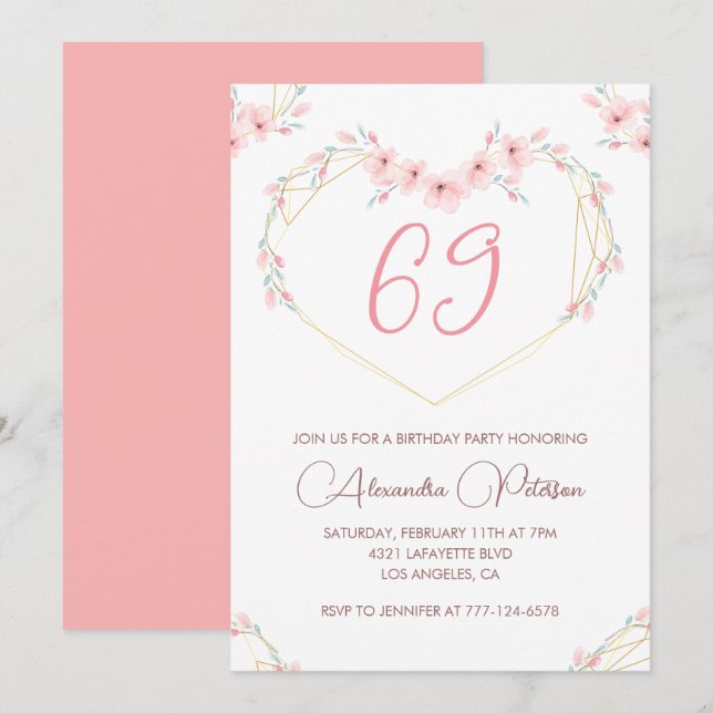 Invitación floral boho acuarela rosa cumpleaños 69 (Anverso / Reverso)