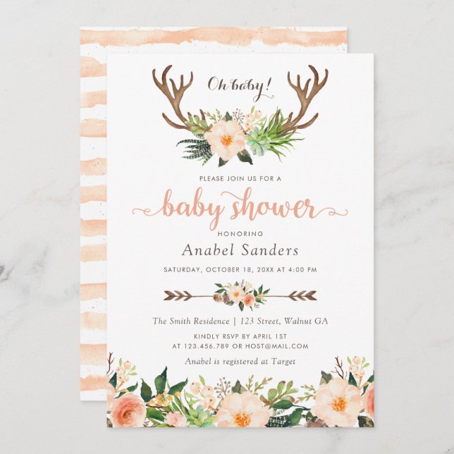 Invitación Floral Boho Antler Cactus Suculents Baby Shower (Anverso / Reverso)
