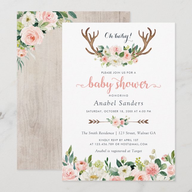 Invitación Floral Boho Antler Rubor Moda Flechas Baby Shower (Anverso / Reverso)