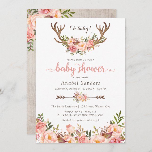 Invitación Floral Boho Antler Rubor Moda Flechas Baby Shower (Anverso / Reverso)