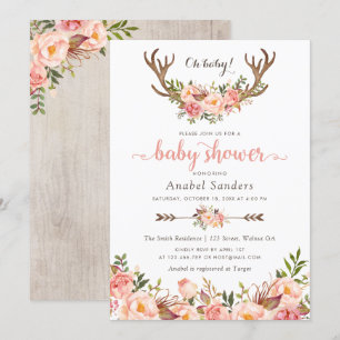 Invitación Floral Boho Antler Rubor Moda Flechas Baby Shower